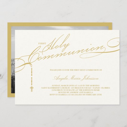 Modernes Rosenkranz Erste Heilige Kommunion Foto R Einladung (Vorne/Hinten)