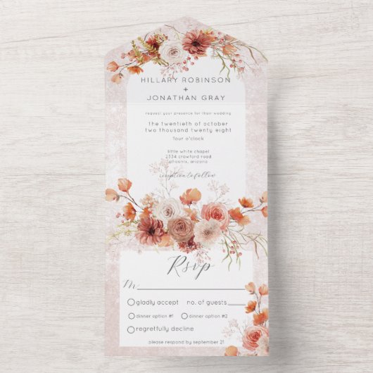 Modernes Rost-Boho & Neutrals-Blumenessen All In One Einladung (Innen Boden)