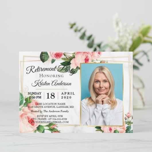 Modernes Rosy Blush Foto Ruhestand Party Einladung (Stehend Vorderseite)