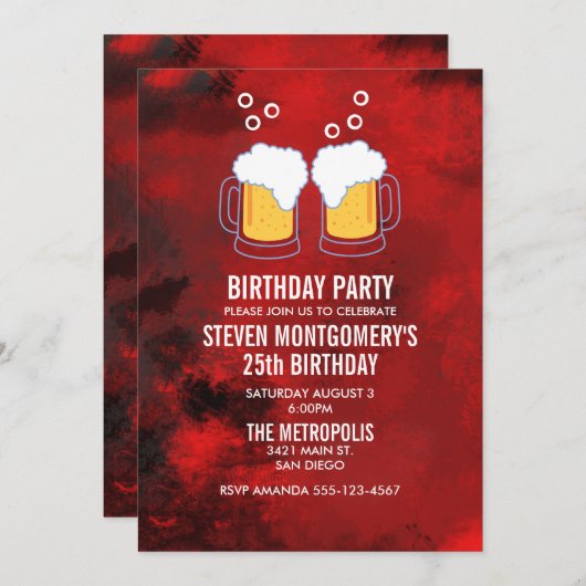 Modernes Rot Abstrakt mit Biersteinen zum Geburtst Einladung (Vorne/Hinten)
