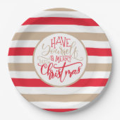 Modernes Rot und Tan Frohe Weihnachten gestreift Pappteller (Vorderseite)