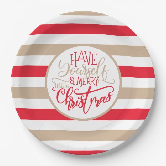 Modernes Rot und Tan Frohe Weihnachten gestreift Pappteller (Vorderseite)