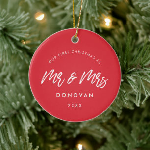 Modernes Rot - unser erstes Weihnachtsfest-Foto Keramik Ornament
