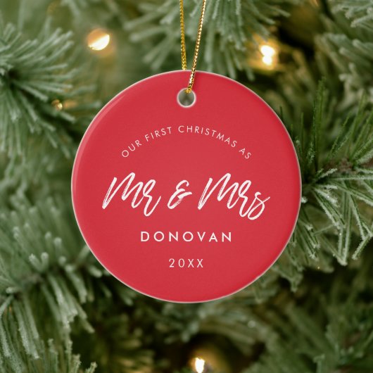 Modernes Rot - unser erstes Weihnachtsfest-Foto Keramik Ornament (Baum)