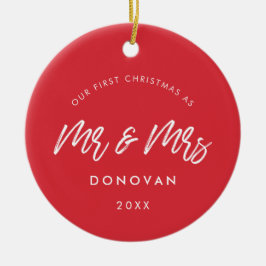 Modernes Rot - unser erstes Weihnachtsfest-Foto Keramik Ornament