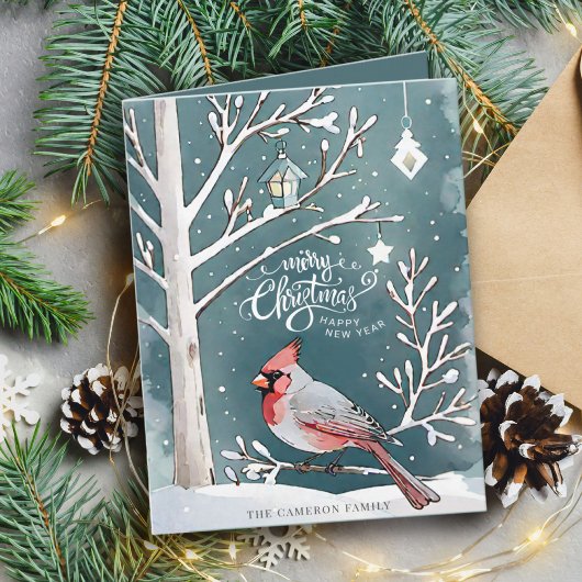 Modernes Roter Kardinal Winterlandschaft Weihnacht Karte
