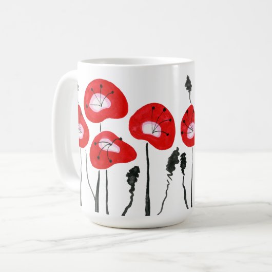 Modernes Rotes Feld der Poppies Abstraktes Blumeng Kaffeetasse (Vorderseite Links)
