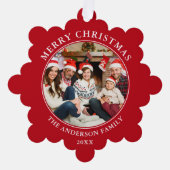 Modernes Rotes frostes Weihnachtsfest Foto Ornament Karte (Vorderseite)