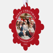 Modernes Rotes frostes Weihnachtsfest Foto Ornament Karte (Linke Ecke)