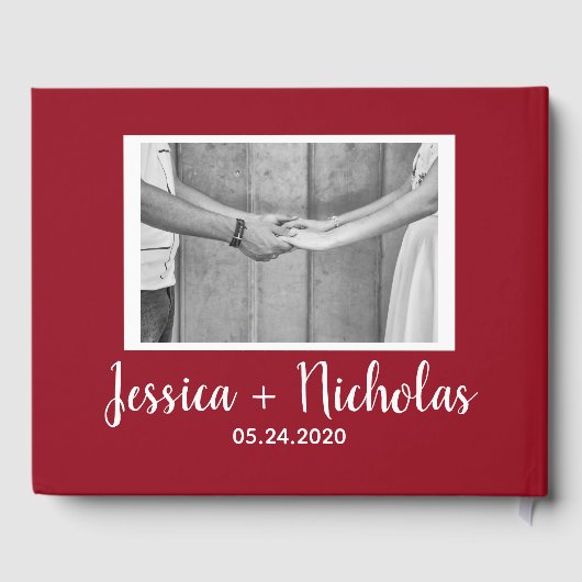 Modernes rotes Gästebuch mit Zitat und Bildern (Rückseite)