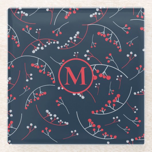 Modernes, rotes, graues Beerenmuster Glasuntersetzer (Vorderseite)
