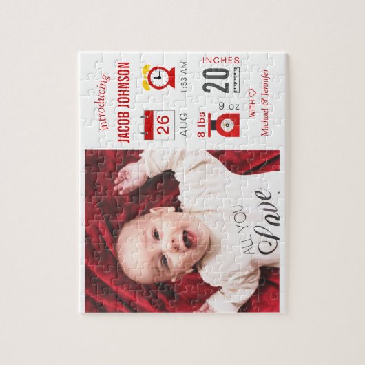 Modernes Rotes Infografisches Foto Geburtserklärun Puzzle (Vertikal)