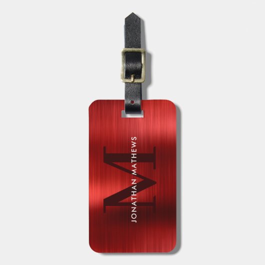 Modernes, rotes Monogramm aus gebürstetem Metall Gepäckanhänger (Vorderseite vertikal)
