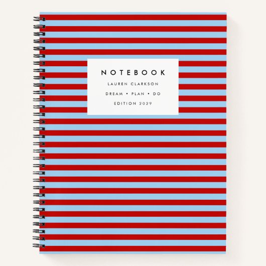 Modernes, rotes und blau gestreiftes Notebook Notizblock (Vorderseite)