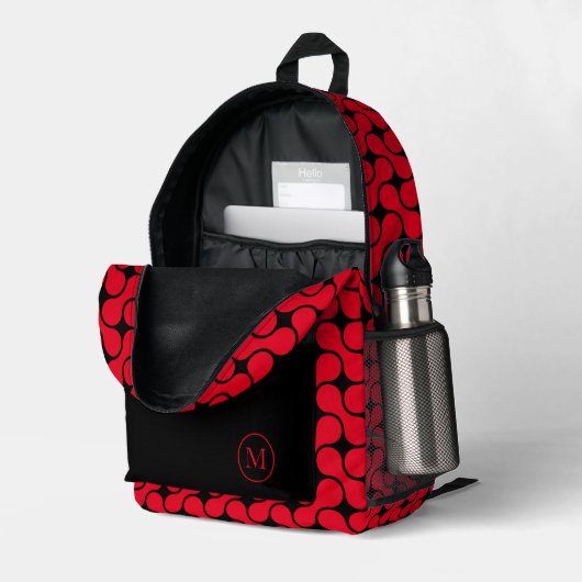 Modernes, rotes und schwarzes geometrisches Monogr Bedruckter Rucksack (Rückseitige Ecke links (Offen) )
