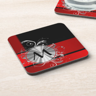 Modernes rotes und silbernes Monogramm Untersetzer