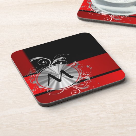 Modernes rotes und silbernes Monogramm Untersetzer (Linke Seite)