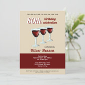 Modernes Rotes Weinglas 80. Geburtstag Einladung (Stehend Vorderseite)