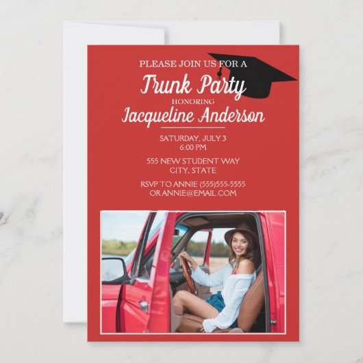 Modernes Rotschwarzes Foto Uni Trunk Party Einladung (Vorderseite)