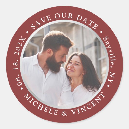 Modernes Rotsilber-Foto Save the Date Runder Aufkleber (Vorderseite)