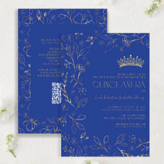 Modernes Royal Blue Gold Floral Tiara QR Quinceañe Einladung