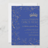 Modernes Royal Blue Gold Floral Tiara Quinceañera Einladung (Vorderseite)