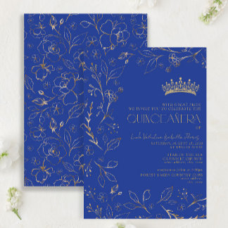 Modernes Royal Blue Gold Floral Tiara Quinceañera Einladung