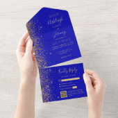Modernes Royal Blue Gold Glitzer QR Code Wedding All In One Einladung (Abreißen)