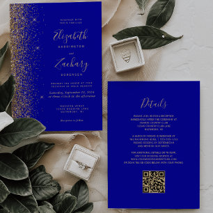 Modernes Royal Blue Gold Glitzer QR Code Wedding Einladung
