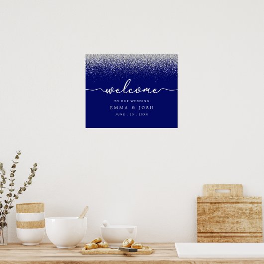 Modernes Royal Blue mit Silver Glitzer Wedding Poster (Küche)