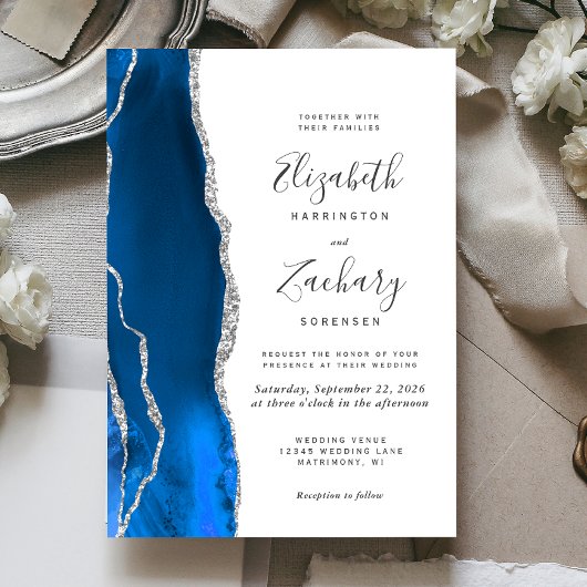Modernes Royal Blue Silver Agate Wedding Einladung