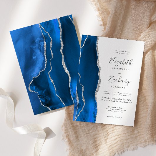 Modernes Royal Blue Silver Agate Wedding Einladung
