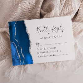 Modernes Royal Blue Silver Agate Wedding RSVP Karte
