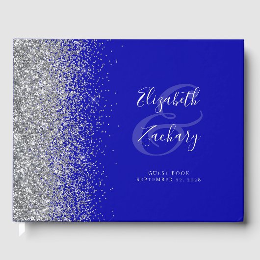 Modernes Royal Blue Silver Glitzer Script Gästebuch (Vorderseite)