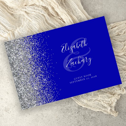 Modernes Royal Blue Silver Glitzer Script Gästebuch