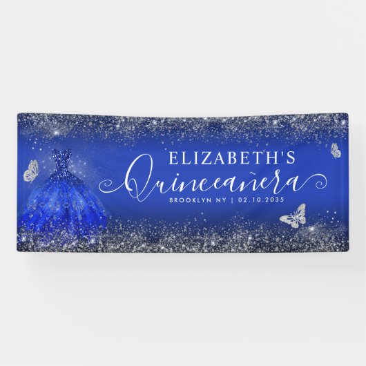 Modernes Royal Blue Silver Gown Quinceañera Willko Banner (Horizontal)