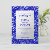 Modernes Royal Blue und Silver Floral Einladung (Stehend Vorderseite)