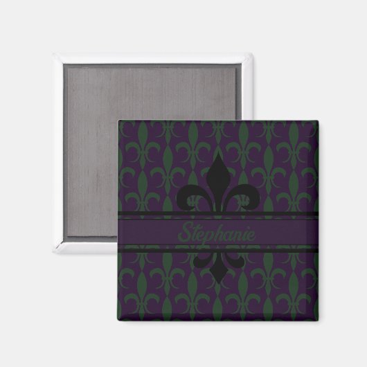 Modernes Royal Lila Fleur-de-lis-Muster Monogram Magnet (Vorderseite/Rückseite)