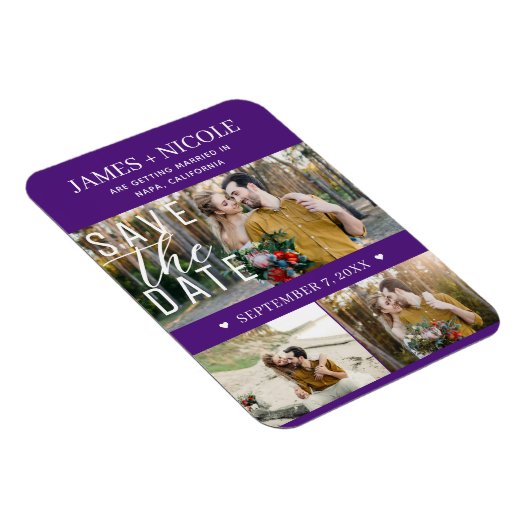 Modernes Royal Lila Save the Date Hochzeit 3 Fotos Magnet (Rechte Seite)