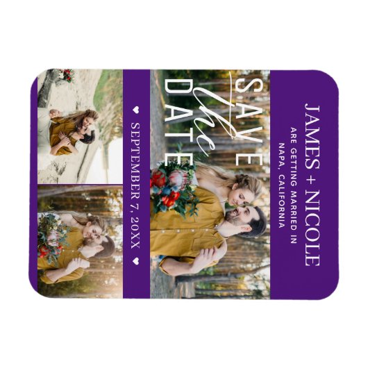 Modernes Royal Lila Save the Date Hochzeit 3 Fotos Magnet (Horizontal)