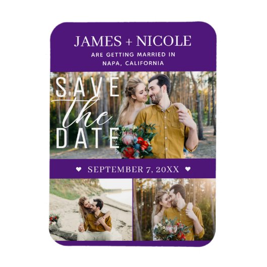 Modernes Royal Lila Save the Date Hochzeit 3 Fotos Magnet (Vertikal)
