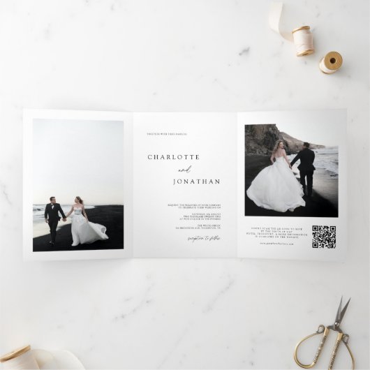 Modernes RSVP für einfache Hochzeiten - Details QR Dreifach Gefaltete Einladung (Innenseite)