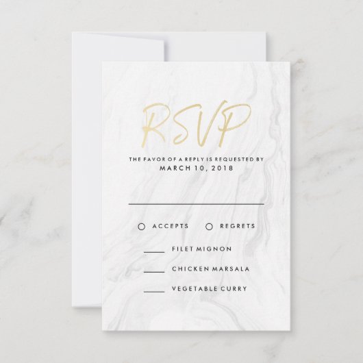 Modernes RSVP-Menü mit dem Gold Wedding White Marb RSVP Karte (Vorderseite)