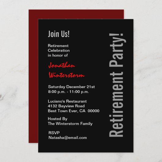 Modernes RUHESTANDS-PARTY Schwarz-weiße rote Einladung (Vorne/Hinten)