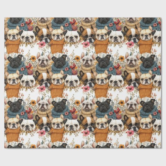 Modernes Rustikales Blumenmuster Mops Hunde Muster Geschenkpapier (Flach)