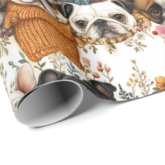 Modernes Rustikales Blumenmuster Mops Hunde Muster Geschenkpapier (Rolleneckpunkt)