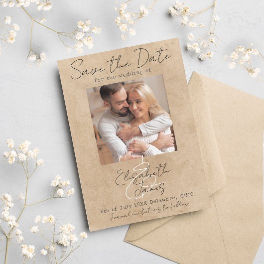 Modernes Rustikales, elegantes Script Weiß Grau Hi Save The Date