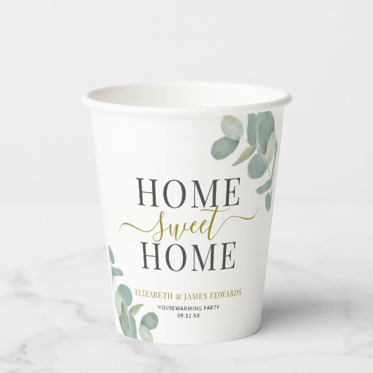 Modernes Rustikales Eukalyptus Zuhause Sweet Zuhau Pappbecher (Rückseite)