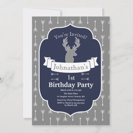 Modernes rustikales Grau u. Marine-Rotwild-u. Einladung (Vorderseite)