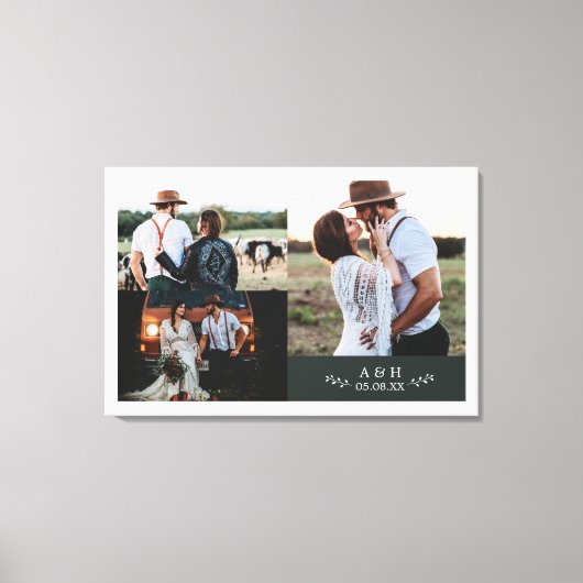 Modernes Rustikales Hochzeitfoto Collage Leaf Mono Leinwanddruck (Vorderseite)